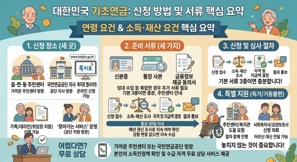 기초연금 신청 방법 및 서류

이 이미지는 '대한민국 기초연금: 신청 방법 및 서류 핵심 요약'이라는 제목의 인포그래픽입니다. 상단에는 미소 짓는 노인 부부 캐릭터가 있고, 하단에는 네 가지 주요 섹션과 상담 안내가 있습니다.

1. 신청 장소 (세 곳)

아이콘: 주민센터(건물), 국민연금공단 지사(건물), 복지로 웹사이트(모니터)

내용: 읍·면·동 주민센터 가까운 주민센터 방문, 국민연금공단 지사 공단 지사 방문, 복지로 웹사이트(www.bokjiro.go.kr) 온라인 신청 가능

추가 정보: 가족/대리인(위임장 지참) 신청 가능, 공단 직원이 가정을 방문하는 '찾아가는 서비스' 운영

2. 준비 서류 (세 가지)

아이콘: 신분증, 통장 사본, 금융정보 제공 동의서

내용: 기본적으로 신분증, 통장 사본, 금융정보 제공 동의서 세 가지가 필요. 임대 수입 등 복잡한 경우 추가 서류가 필요할 수 있으나, 기본 3종으로 충분하며 주민센터에서 안내받을 수 있음.

3. 신청 및 심사 절차

흐름도: 신청 접수(서류) -> 소득·재산 조사(저울) -> 자격 및 지급액 결정(문서 체크) -> 결과 통보(편지/전화)

내용: 신청 후 통상 30일 이내 처리. 소득·재산 조사를 통해 자격과 지급액이 결정되며 매년 갱신 조사를 통해 지속 여부를 확인. 상황 변동이 없으면 지속 수급.

4. 특별 지원 (독거/거동불편)

아이콘: 휠체어 탄 할머니, 주민센터/복지관, 사회복지사/요양보호사

내용: 혼자 살거나 거동이 불편한 어르신의 경우 주민센터/복지관에 도움을 요청하여 절차를 함께 진행하거나, 사회복지사/요양보호사가 어르신 대신 신청 의뢰를 전달할 수 있음. "놓치지 않는 것이 중요합니다!" 강조.

하단 상담 안내

캐릭터 및 아이콘: 상담사, 노트북, 전화기

내용: '어렵다면? 무료 상담'. 가까운 주민센터 또는 국민연금공단을 방문하여 본인의 소득인정액 확인 및 수급 자격 무료 상담 서비스를 제공받을 수 있음.